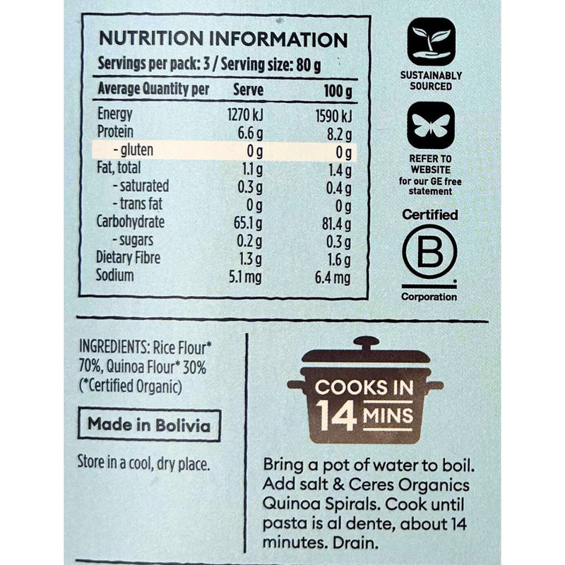 Ceres Organics Quinoa Rice Pasta - Spirals Fusilli (250g) - Organics.ph