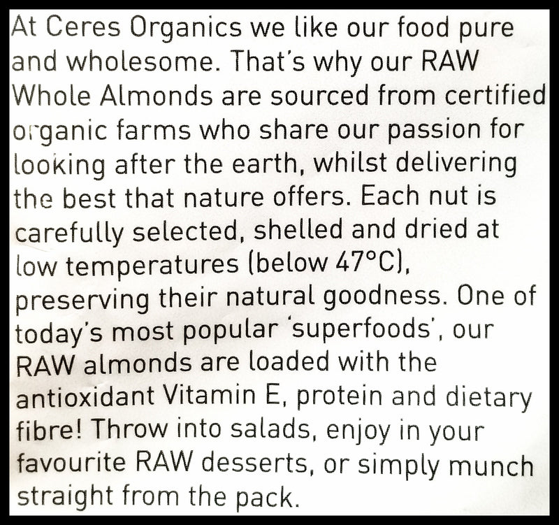 Ceres Organics Raw Whole Almonds (250g) - Organics.ph