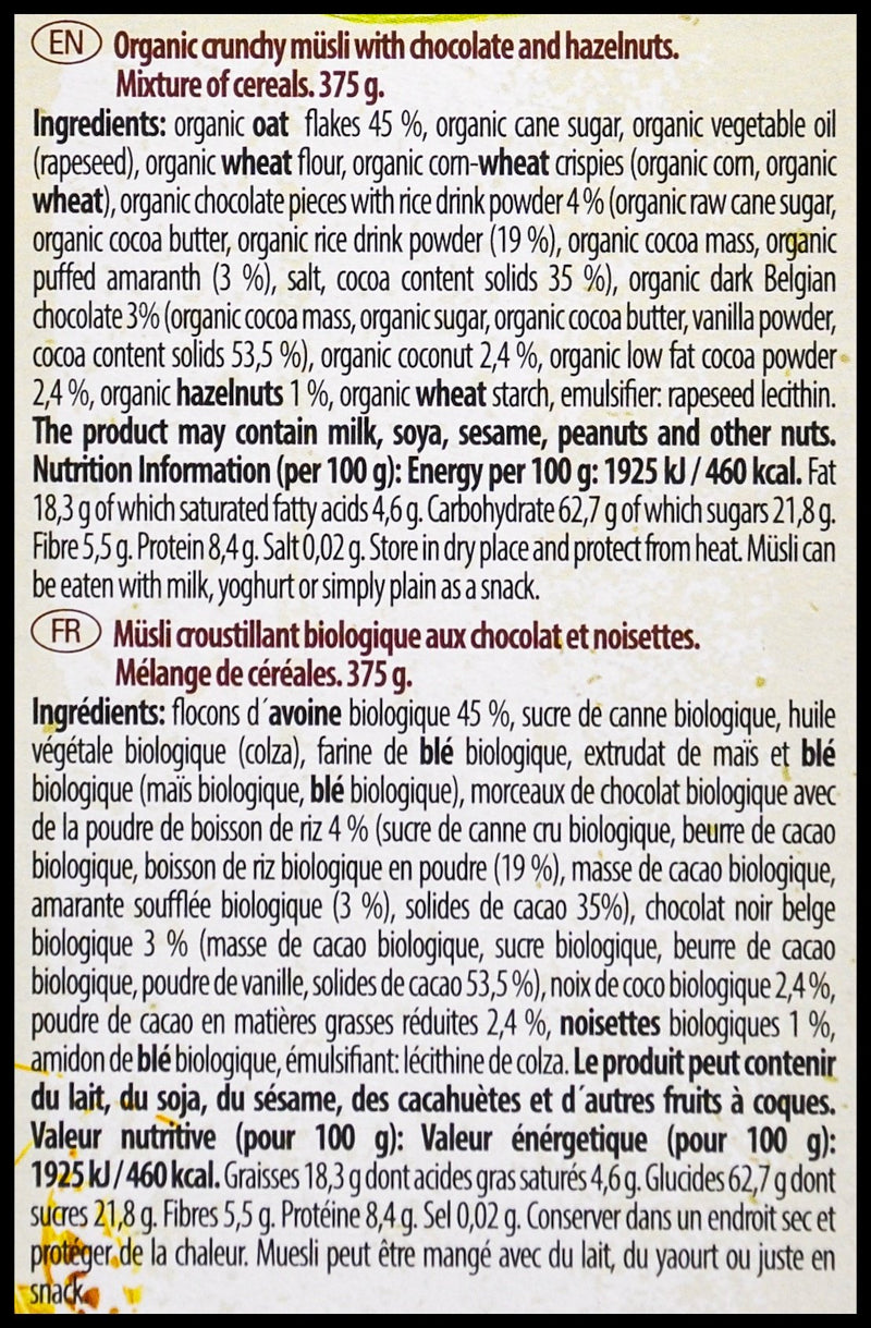 Emco Organic Bio Muesli - Crunchy w/ Belgian Chocolate & Hazelnuts (375g) - Organics.ph