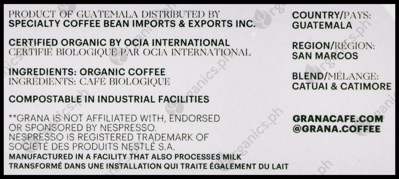 Grana Organic Nespresso Coffee Capsules - San Marcos Espresso (10 capsules) - Organics.ph