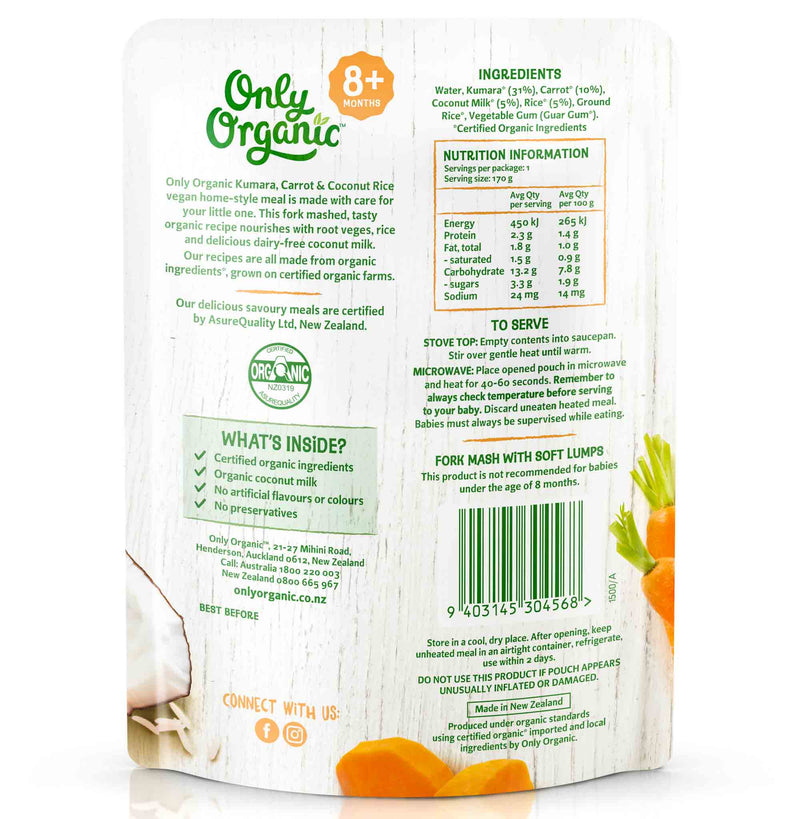 Only Organic Baby Food 8+ months - Kumara, Carrot & Coconut Rice (170g) - Organics.ph