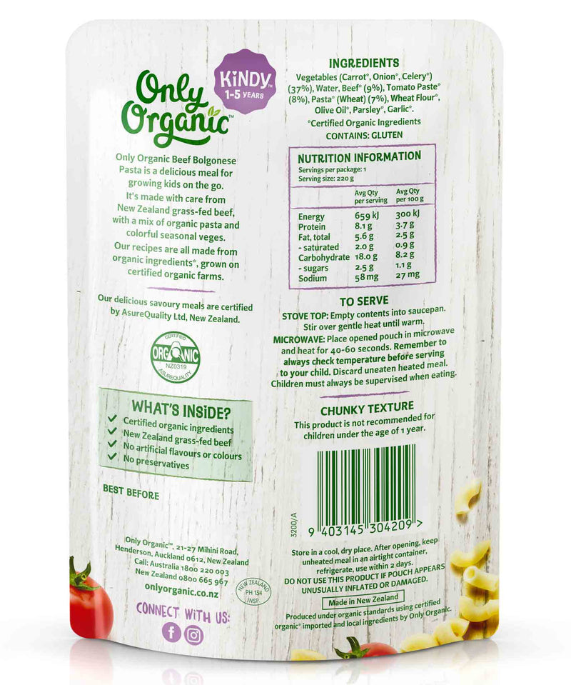 Only Organic Baby Food Kindy 1-5 years - Beef Bolognese Pasta (220g) - Organics.ph