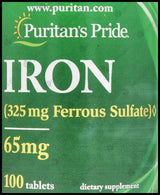 Puritan's Pride Iron 65mg (Ferrous Sulfate 325mg) (100 tablets) - Organics.ph