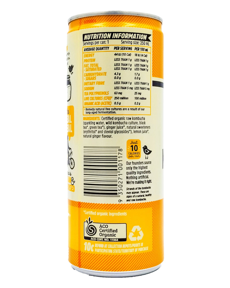 Remedy Organic Kombucha Ginger Lemon (250ml can) - Organics.ph
