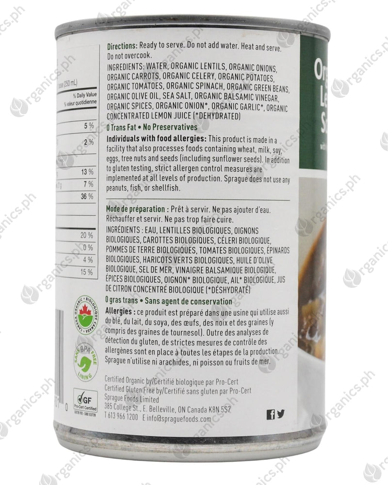 Sprague Foods Organic Lentil Soup w/ Vegetables (398ml can) - Organics.ph