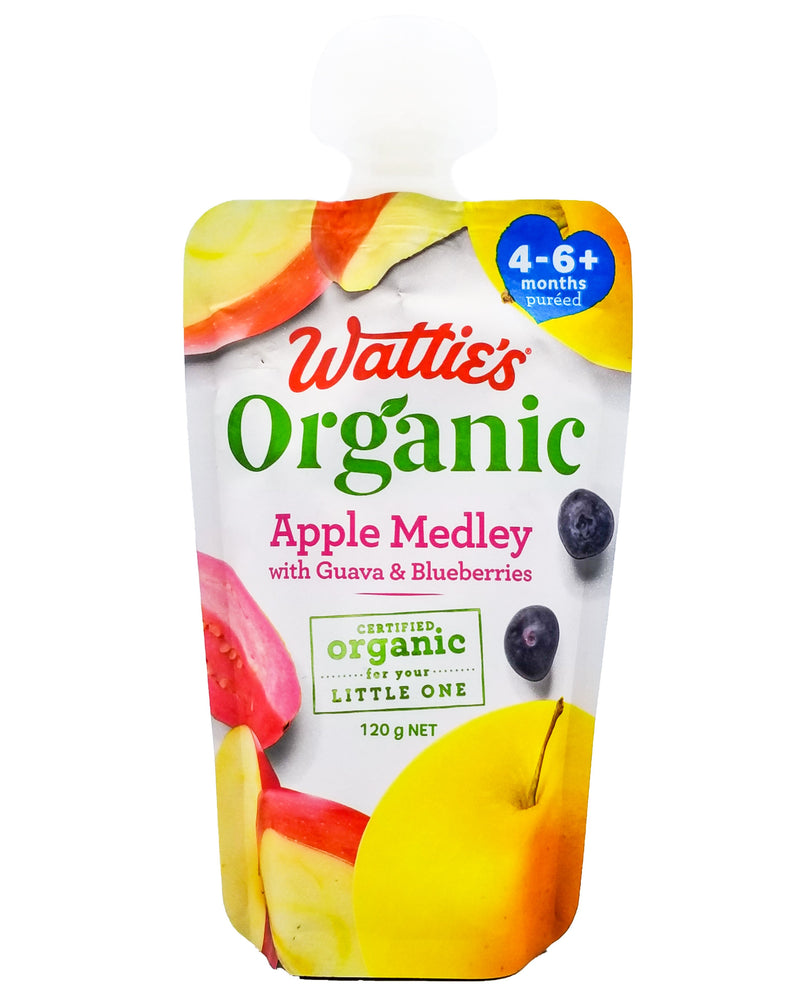 Wattie's Organic Baby Food 4-6+ months - Apple Medley w/ Guava & Blueberries (120g) - Organics.ph
