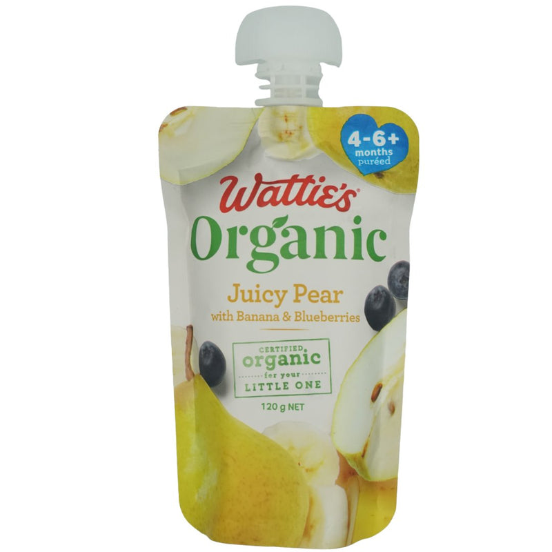 Wattie's Organic Baby Food 4-6+ months - Juicy Pear w/ Banana & Blueberries (120g) - Organics.ph